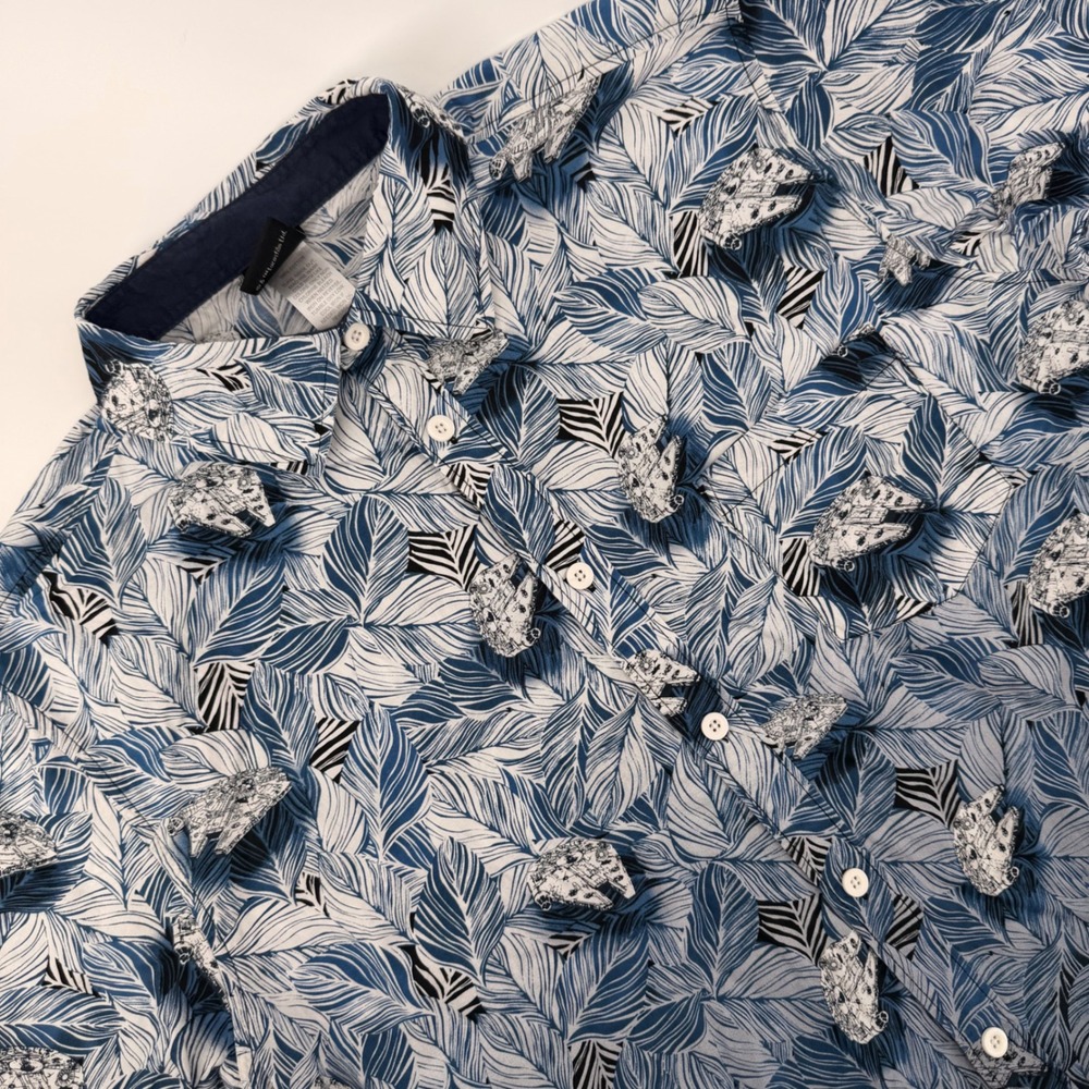 Star Wars Millennium Falcon Ombre Tropical Leaf Button Down Shirt Mens L Blue